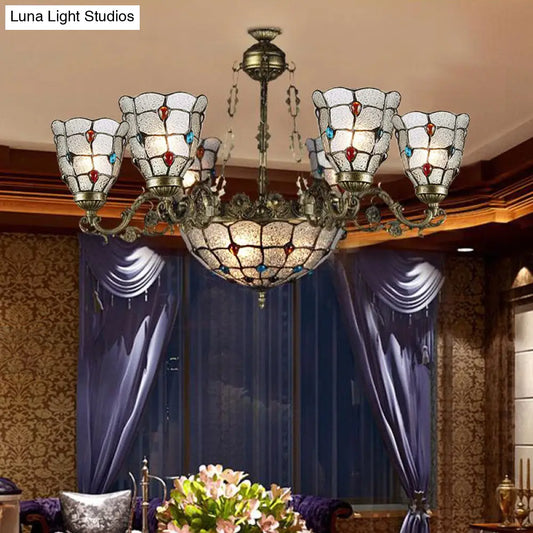 Tiffany Style Arm Chandelier with Frosted Glass Shades - 9/12 Lights Bronze Pendant Lamp for Living Room