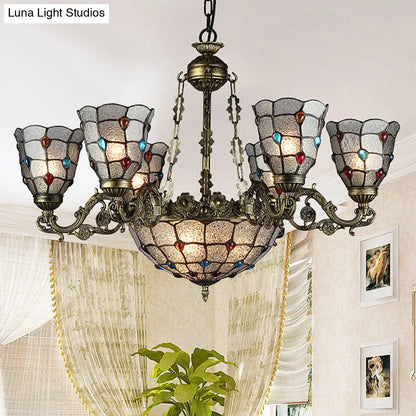 Tiffany Style Arm Chandelier with Frosted Glass Shades - 9/12 Lights Bronze Pendant Lamp for Living Room