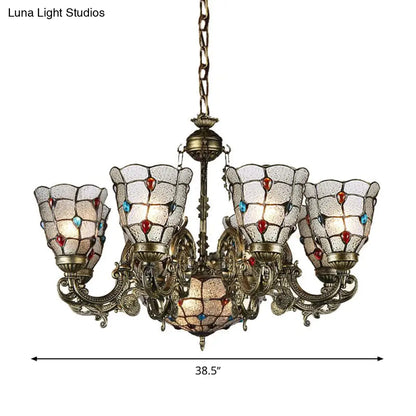 Tiffany Style Arm Chandelier with Frosted Glass Shades - 9/12 Lights Bronze Pendant Lamp for Living Room