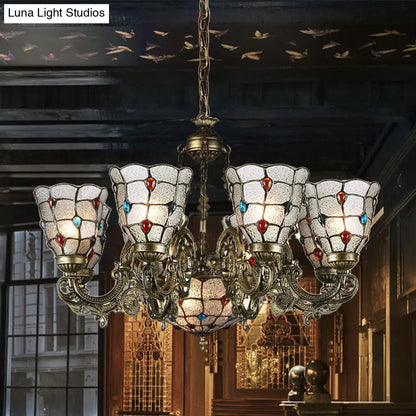Tiffany Style Arm Chandelier with Frosted Glass Shades - 9/12 Lights Bronze Pendant Lamp for Living Room