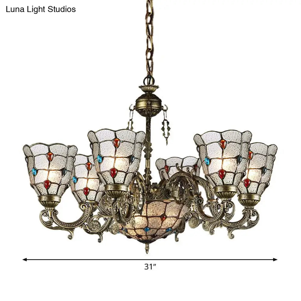 Tiffany Style Arm Chandelier with Frosted Glass Shades - 9/12 Lights Bronze Pendant Lamp for Living Room