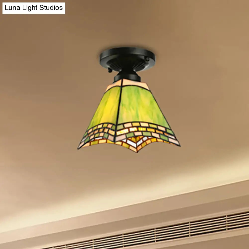 DecorBites™ DecorBites™ Tiffany-Style Art Glass Ceiling Light - 1 Light Green Flush Mount Fixture for Offices and Corridors