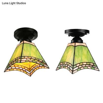 DecorBites™ DecorBites™ Tiffany-Style Art Glass Ceiling Light - 1 Light Green Flush Mount Fixture for Offices and Corridors