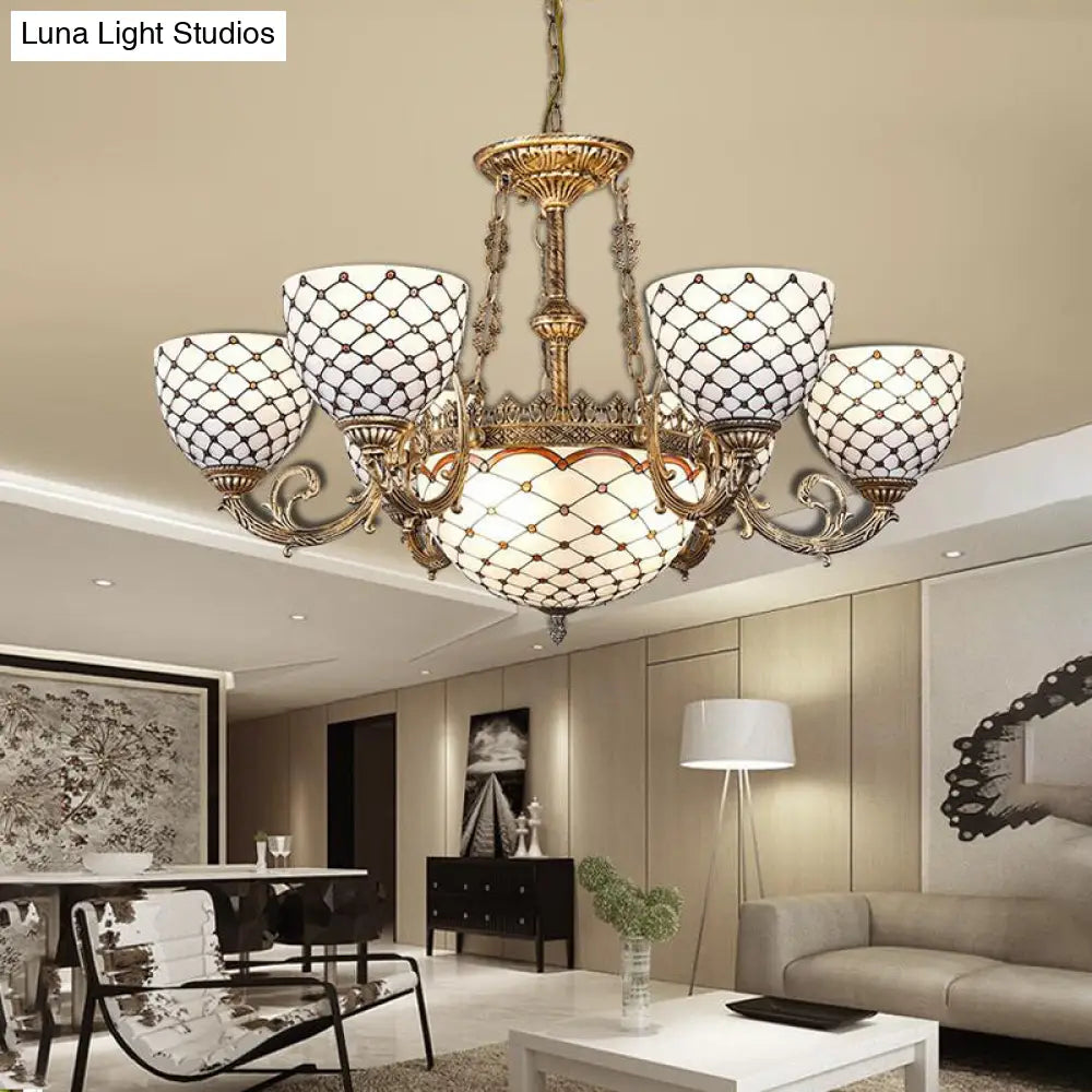 Tiffany Style Beaded Stained Glass Chandelier - Antique Brass Pendant Available in 3 Sizes & 3 Light Options