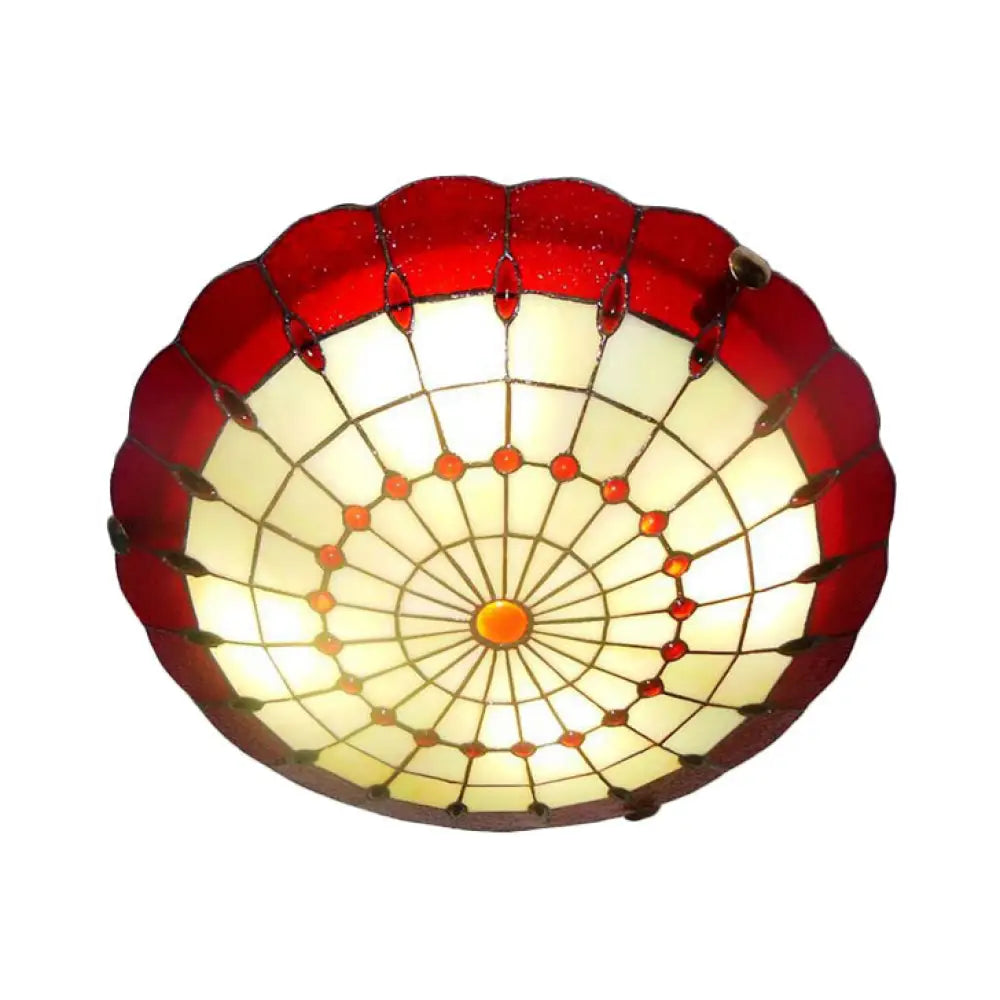 DecorBites™ DecorBites™ Tiffany Style Bedroom Ceiling Light 12"/16"/19.5" W Dome Shade Flush Mount with Red Jewel Decoration