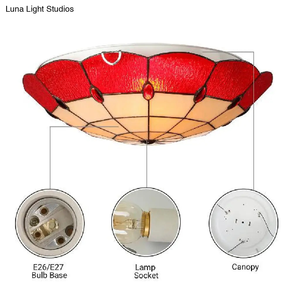 DecorBites™ DecorBites™ Tiffany Style Bedroom Ceiling Light 12"/16"/19.5" W Dome Shade Flush Mount with Red Jewel Decoration