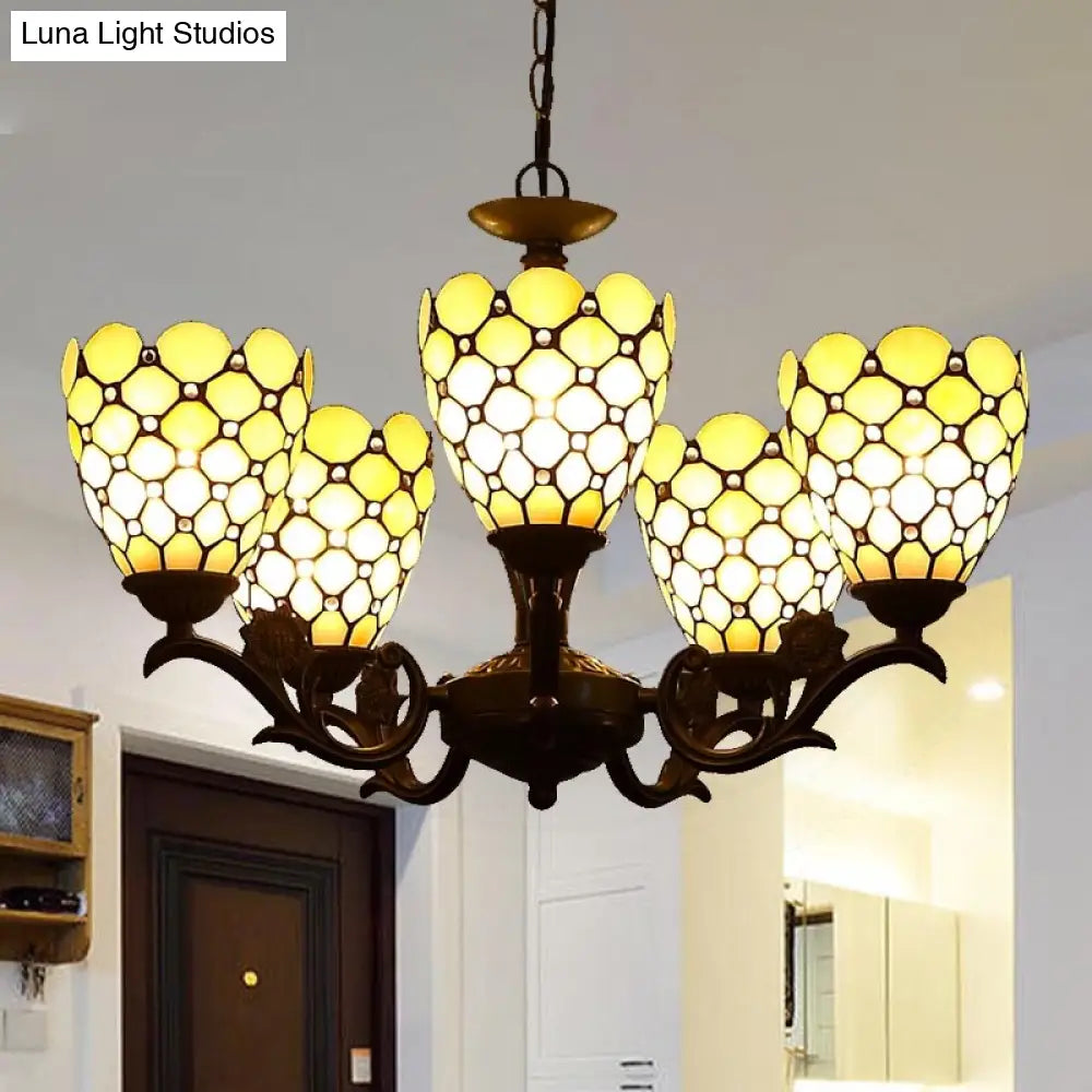 Tiffany Style Beige Glass Chandelier 5-Light Fixture with Black Suspension