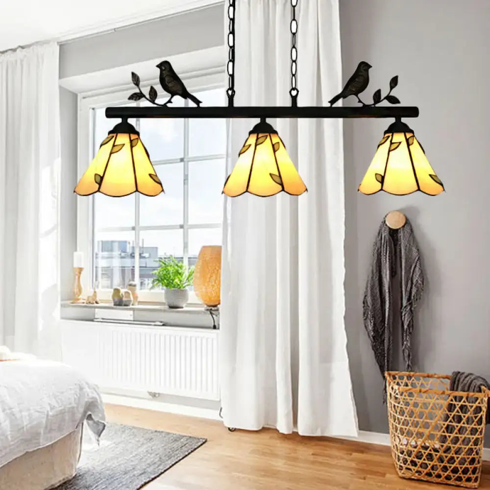 DecorBites tiffany style three-light stained glass pendant lamp with bird accent and cone stainless glass shades