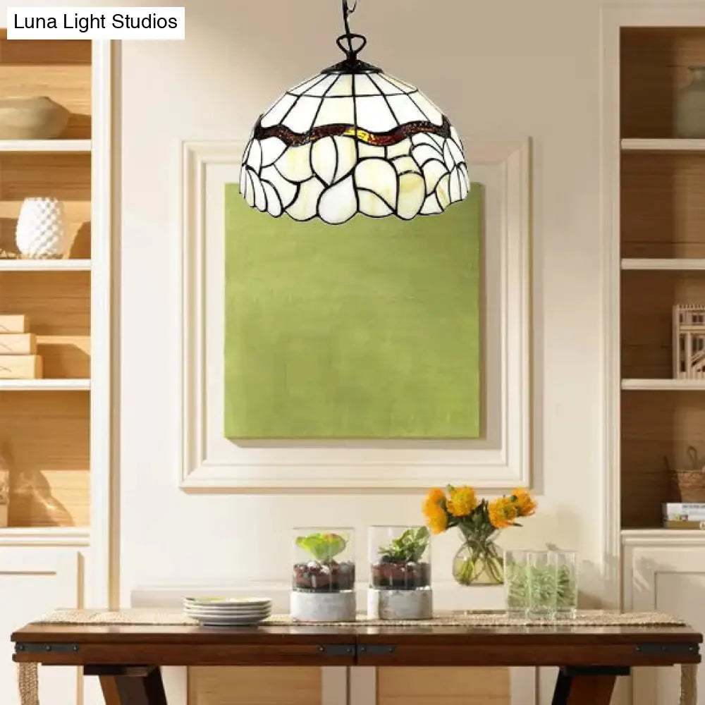 Tiffany Style Beige Hanging Pendant Light - Art Glass Bowl Fixture for Dining Room Ceiling