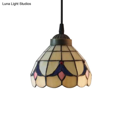 Tiffany-Style Beige Stained Glass Ceiling Lamp: 1-Head Pendant Light Kit (6"/8" Wide Flare)