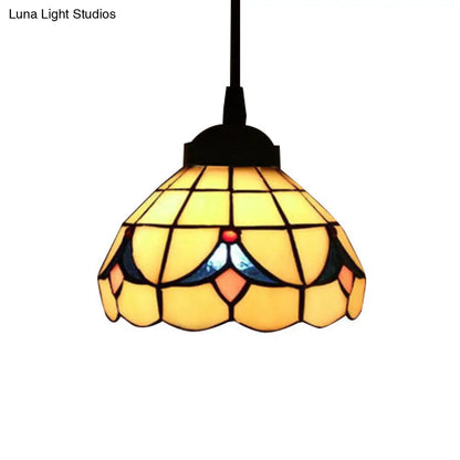 Tiffany-Style Beige Stained Glass Ceiling Lamp: 1-Head Pendant Light Kit (6"/8" Wide Flare)