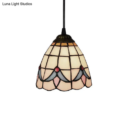 Tiffany-Style Beige Stained Glass Ceiling Lamp: 1-Head Pendant Light Kit (6"/8" Wide Flare)