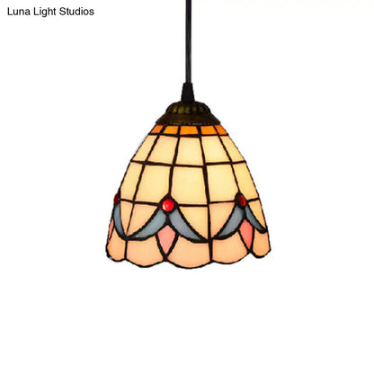 Tiffany-Style Beige Stained Glass Ceiling Lamp: 1-Head Pendant Light Kit (6"/8" Wide Flare)