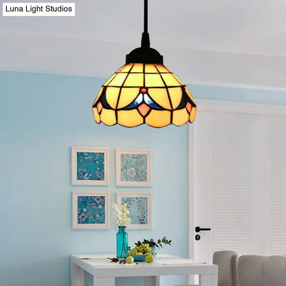 Tiffany-Style Beige Stained Glass Ceiling Lamp: 1-Head Pendant Light Kit (6"/8" Wide Flare)