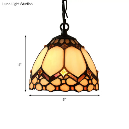 Tiffany-Style Beige Stained Glass Pendant Lamp - 1 Bulb Dome Down Lighting Suspension for Entryway