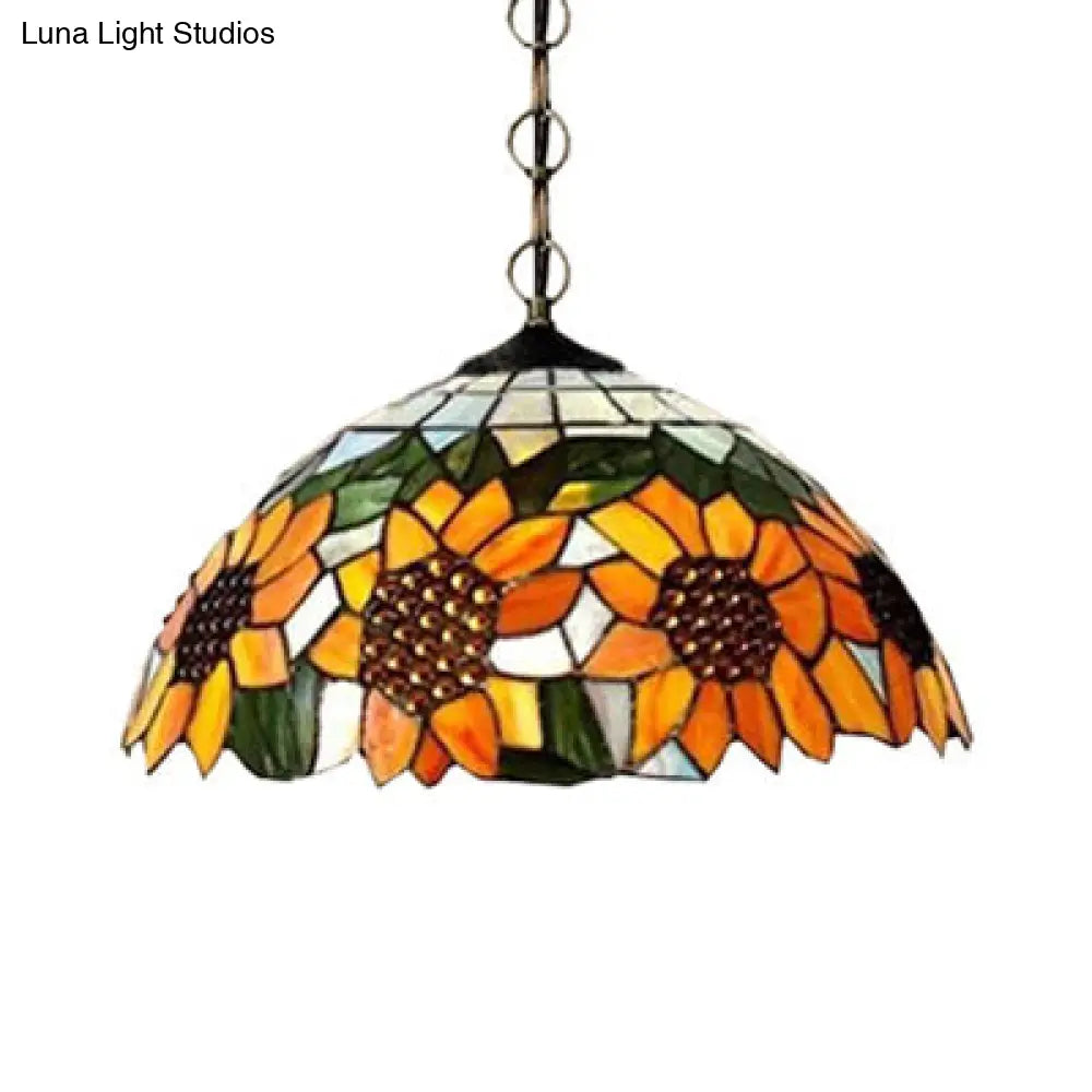 Tiffany-Style Black Hand Cut Glass Pendant Ceiling Light with Sunflower Pattern – 12"/16" Wide Domed Hanging Lamp – 1 Bulb [Choose from A/B/C/D]