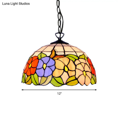 Tiffany-Style Black Stained Glass Hemisphere Ceiling Light with Down Lighting, 12"/16" Wide