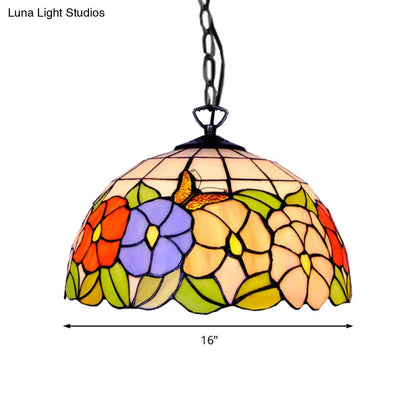 Tiffany-Style Black Stained Glass Hemisphere Ceiling Light with Down Lighting, 12"/16" Wide