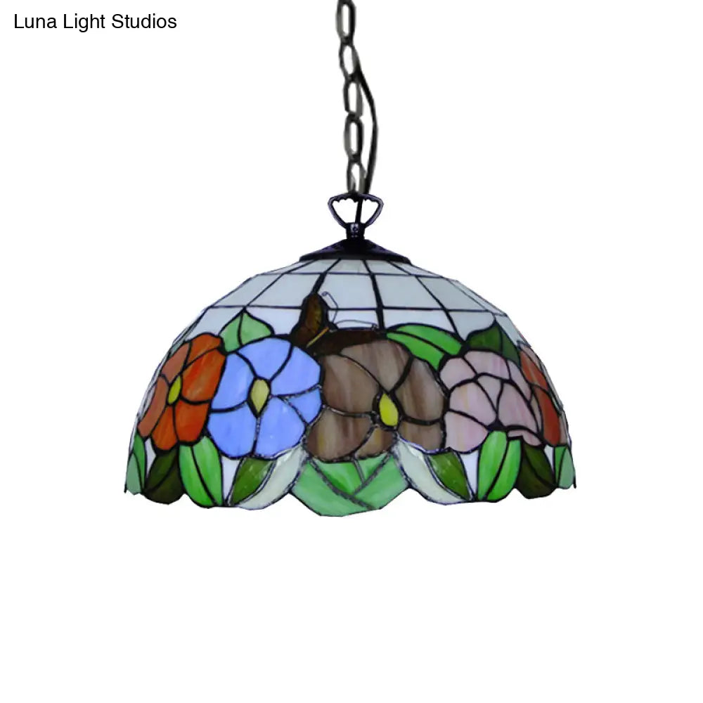 Tiffany-Style Black Stained Glass Hemisphere Ceiling Light with Down Lighting, 12"/16" Wide