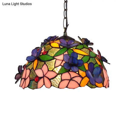 Tiffany-Style Black Stained Glass Pendant Light Fixture - 1 Head Leaf/Grape/Flower Down Lighting