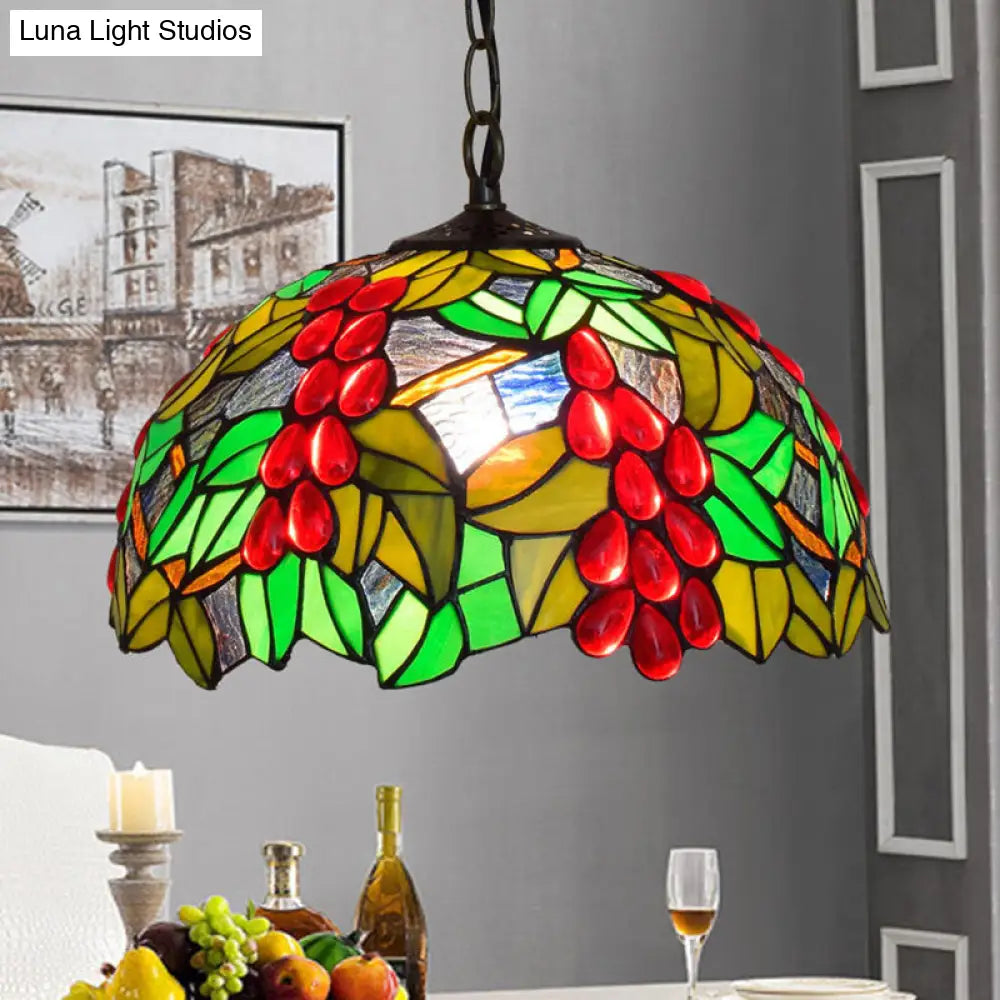 Tiffany-Style Black Stained Glass Pendant Light Fixture - 1 Head Leaf/Grape/Flower Down Lighting