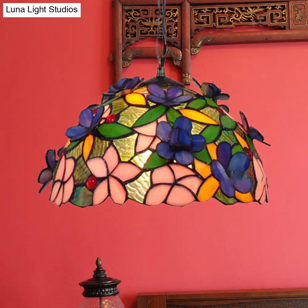 Tiffany-Style Black Stained Glass Pendant Light Fixture - 1 Head Leaf/Grape/Flower Down Lighting