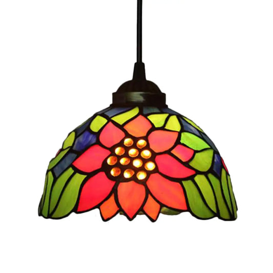 Tiffany Style Blossom Pendant Light Fixture, Red/Pink/Green Cut Glass, Bronze Down Lighting for Dining Room