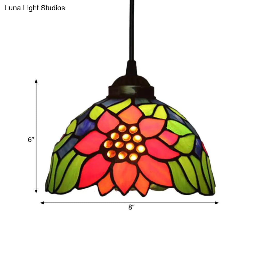 Tiffany Style Blossom Pendant Light Fixture, Red/Pink/Green Cut Glass, Bronze Down Lighting for Dining Room