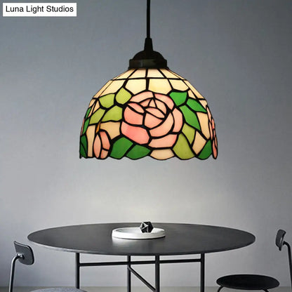 Tiffany Style Blossom Pendant Light Fixture, Red/Pink/Green Cut Glass, Bronze Down Lighting for Dining Room