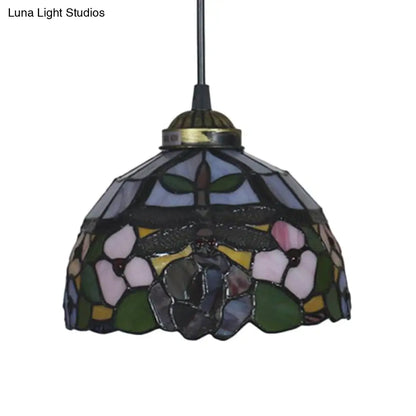 Tiffany Style Blossom Pendant Light Fixture, Red/Pink/Green Cut Glass, Bronze Down Lighting for Dining Room