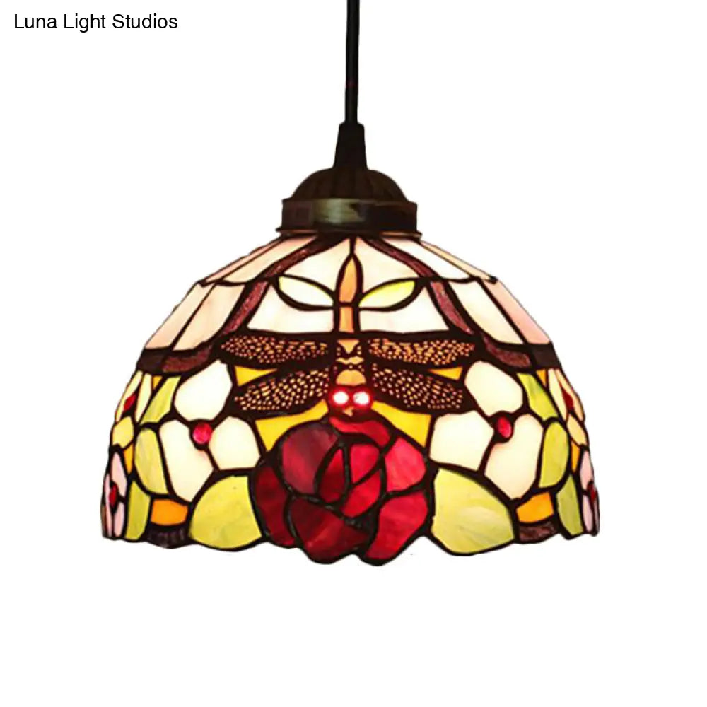 Tiffany Style Blossom Pendant Light Fixture, Red/Pink/Green Cut Glass, Bronze Down Lighting for Dining Room