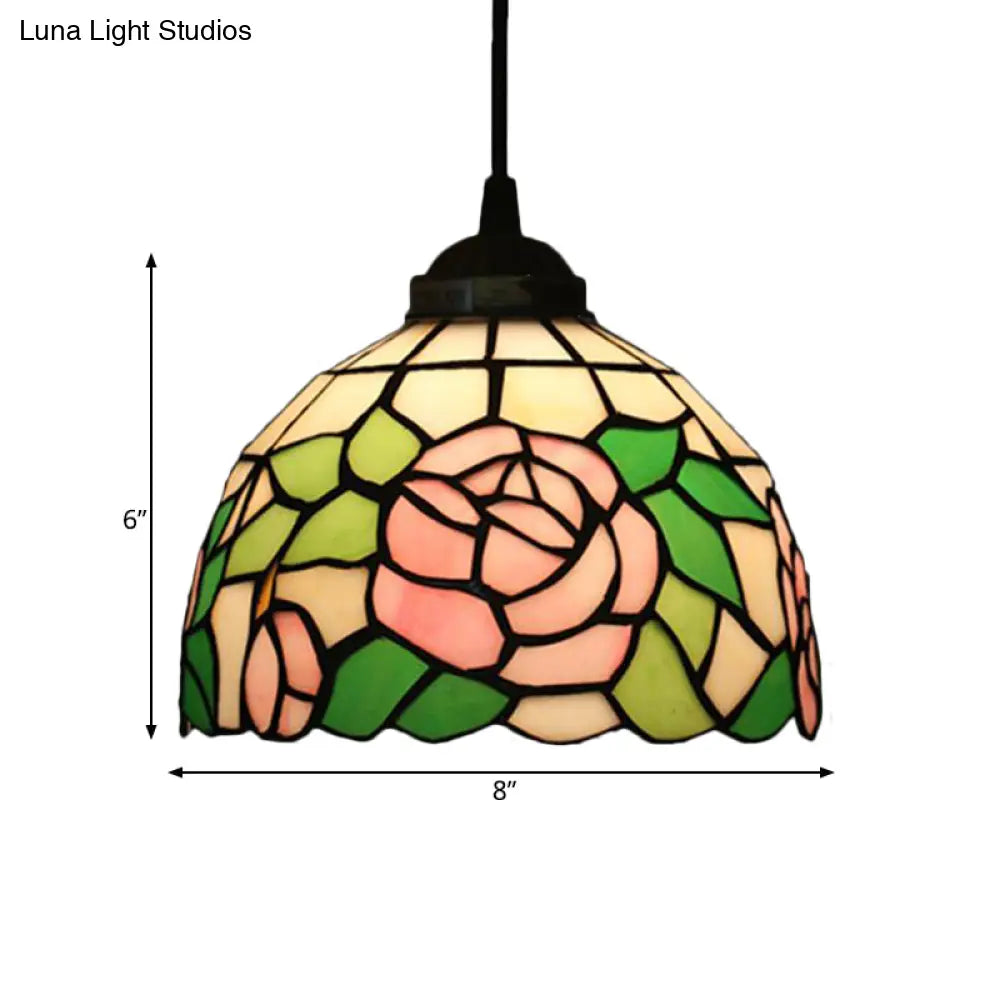 Tiffany Style Blossom Pendant Light Fixture, Red/Pink/Green Cut Glass, Bronze Down Lighting for Dining Room