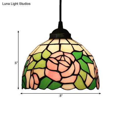 Tiffany Style Blossom Pendant Light Fixture, Red/Pink/Green Cut Glass, Bronze Down Lighting for Dining Room