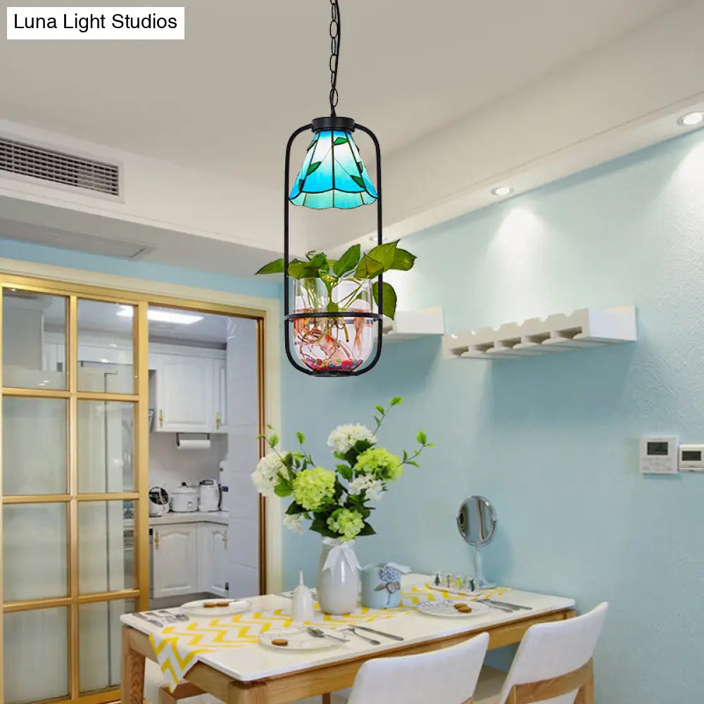 Tiffany-Style Blue/Beige Cone Pendant Light Fixture: Stylish Hand-Cut Glass Ceiling Lamp with Planting