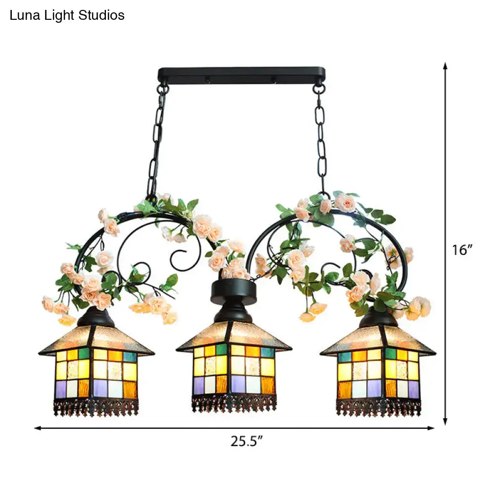 DecorBites tiffany style three-light island light with clear blue stained glass shade and black wrought iron frame 220v-240v 110v-120v