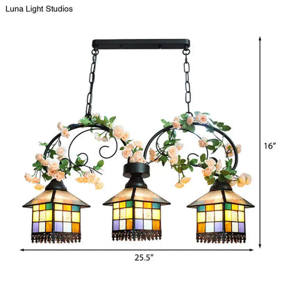 DecorBites tiffany style three-light island light with clear blue stained glass shade and black wrought iron frame 220v-240v 110v-120v
