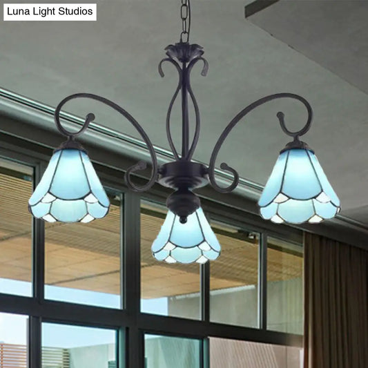 Tiffany Style Blue Glass Chandelier with Black Frame and Multiple Lights