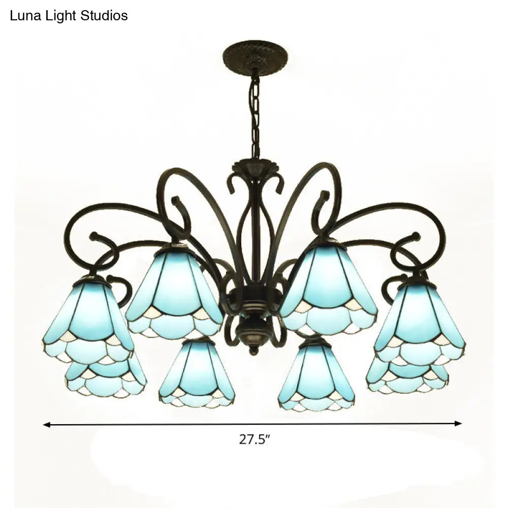 Lámpara de araña estilo Tiffany de cristal azul con marco negro y múltiples luces