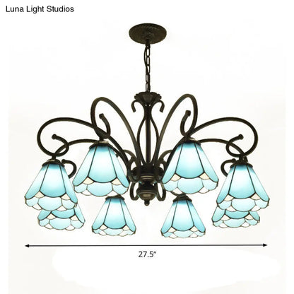 Lámpara de araña estilo Tiffany de cristal azul con marco negro y múltiples luces