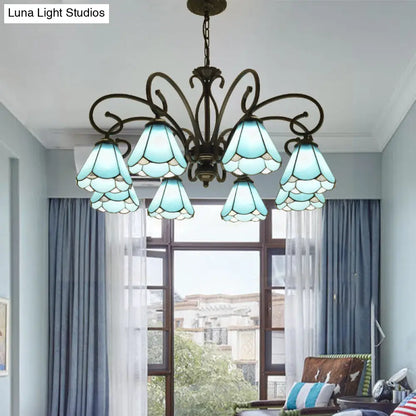 Lámpara de araña estilo Tiffany de cristal azul con marco negro y múltiples luces