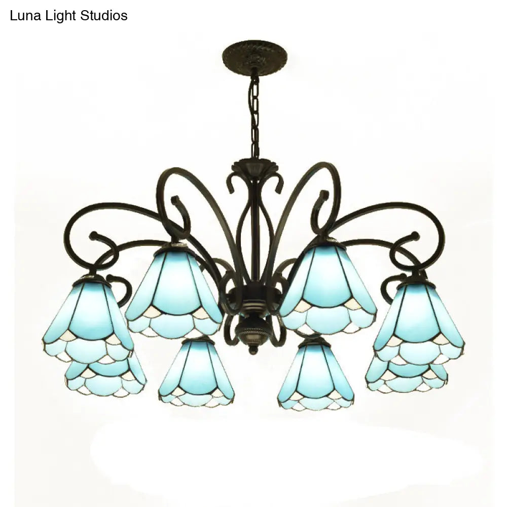 Lámpara de araña estilo Tiffany de cristal azul con marco negro y múltiples luces