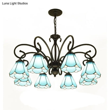 Lámpara de araña estilo Tiffany de cristal azul con marco negro y múltiples luces