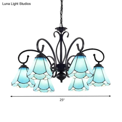 Lámpara de araña estilo Tiffany de cristal azul con marco negro y múltiples luces