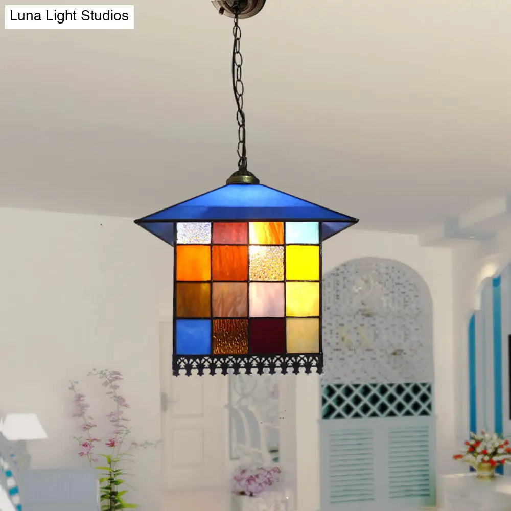 Tiffany-Style Blue Glass Pendant Lamp with Stainless Steel Shade - 6" and 8" Width Options