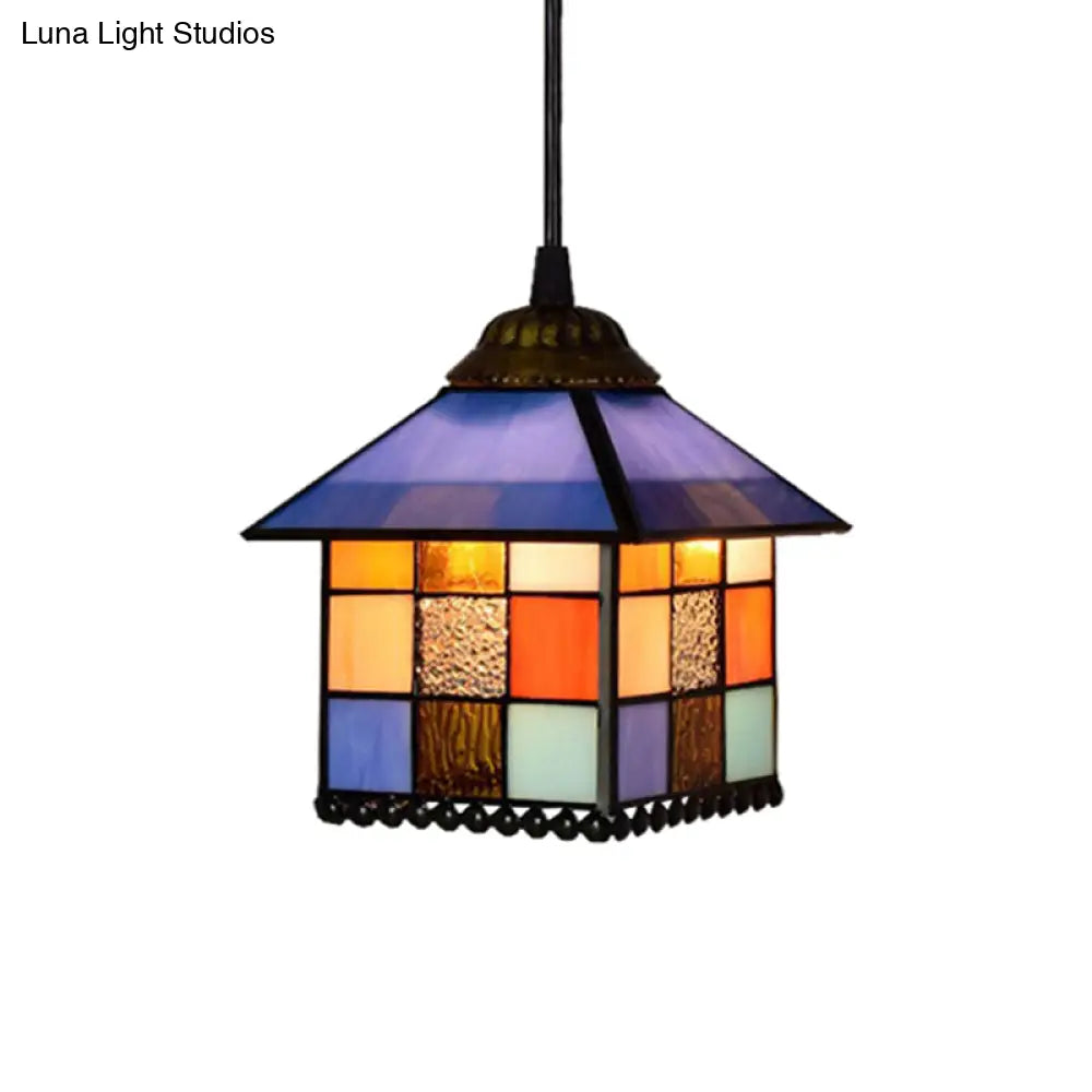 Tiffany-Style Blue Glass Pendant Lamp with Stainless Steel Shade - 6" and 8" Width Options