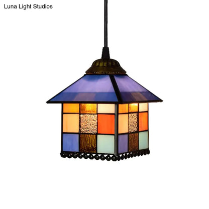 Tiffany-Style Blue Glass Pendant Lamp with Stainless Steel Shade - 6" and 8" Width Options