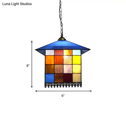 Tiffany-Style Blue Glass Pendant Lamp with Stainless Steel Shade - 6" and 8" Width Options