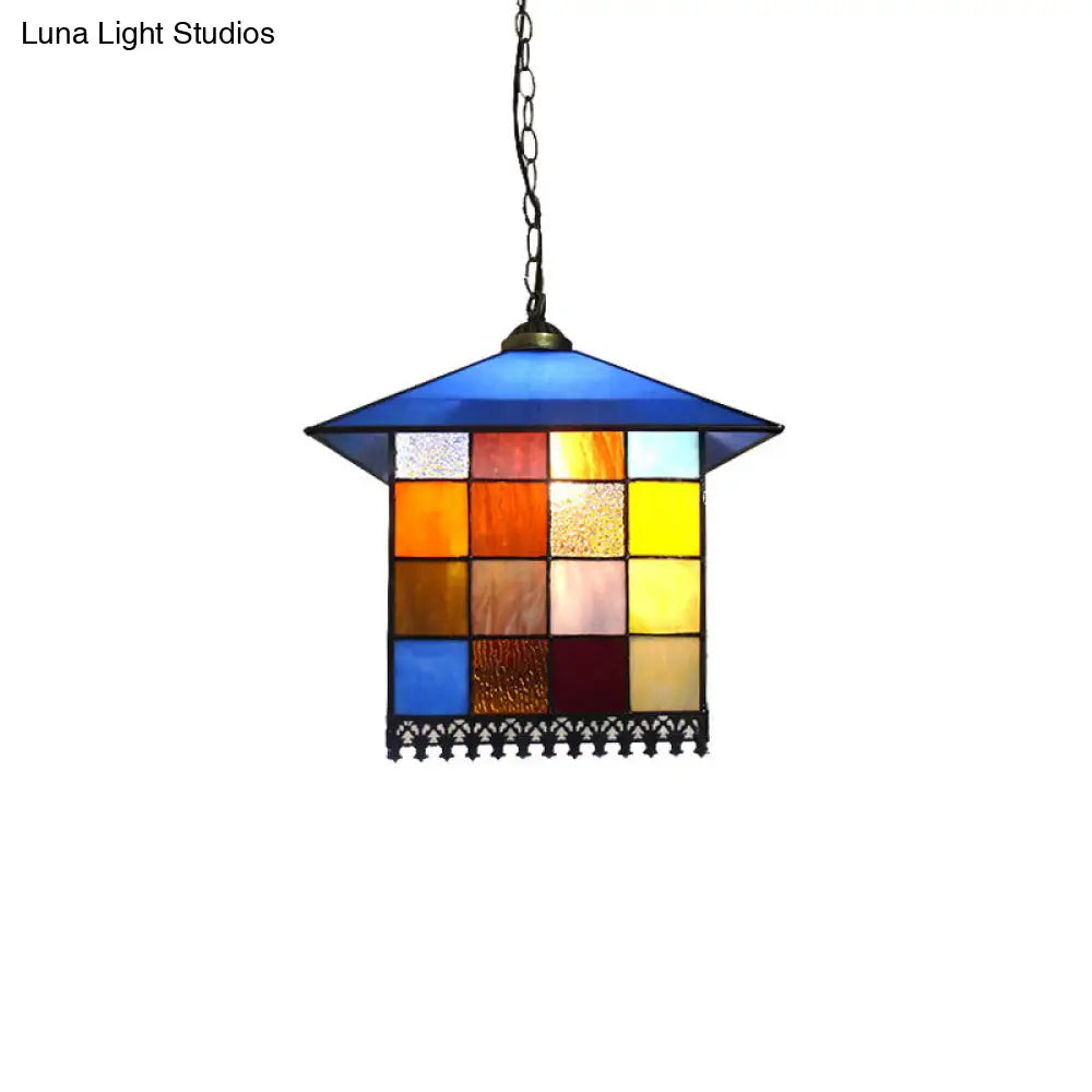 Tiffany-Style Blue Glass Pendant Lamp with Stainless Steel Shade - 6" and 8" Width Options