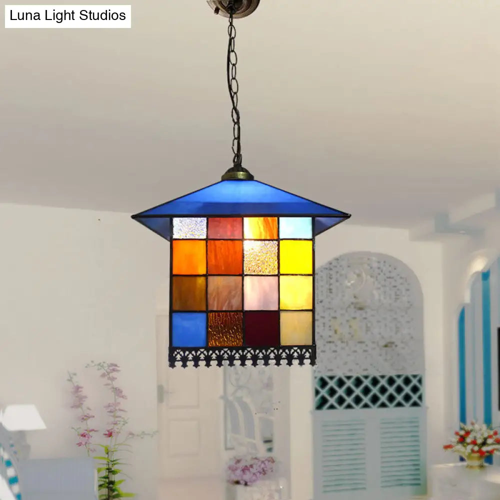 Tiffany-Style Blue Glass Pendant Lamp with Stainless Steel Shade - 6" and 8" Width Options