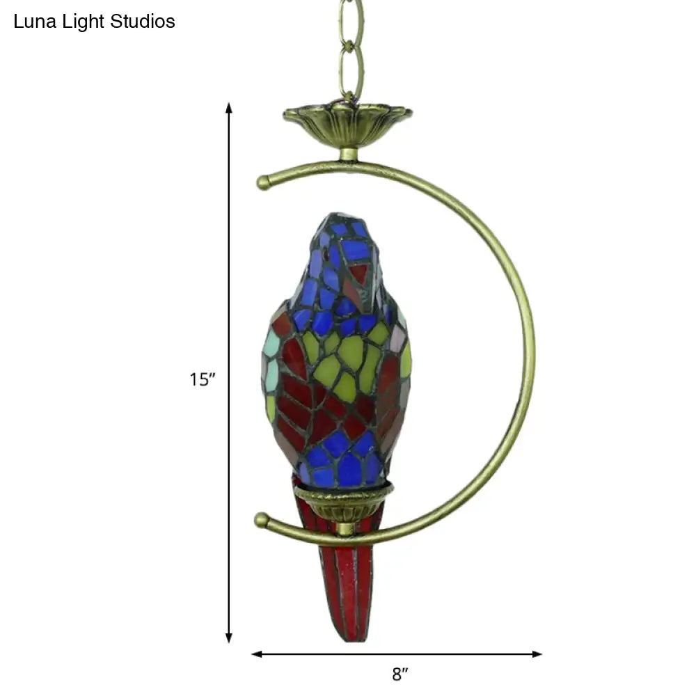 Tiffany Style Blue/Green Parrot Suspension Pendant Light - Stained Art Glass Ceiling Lamp for Bedroom